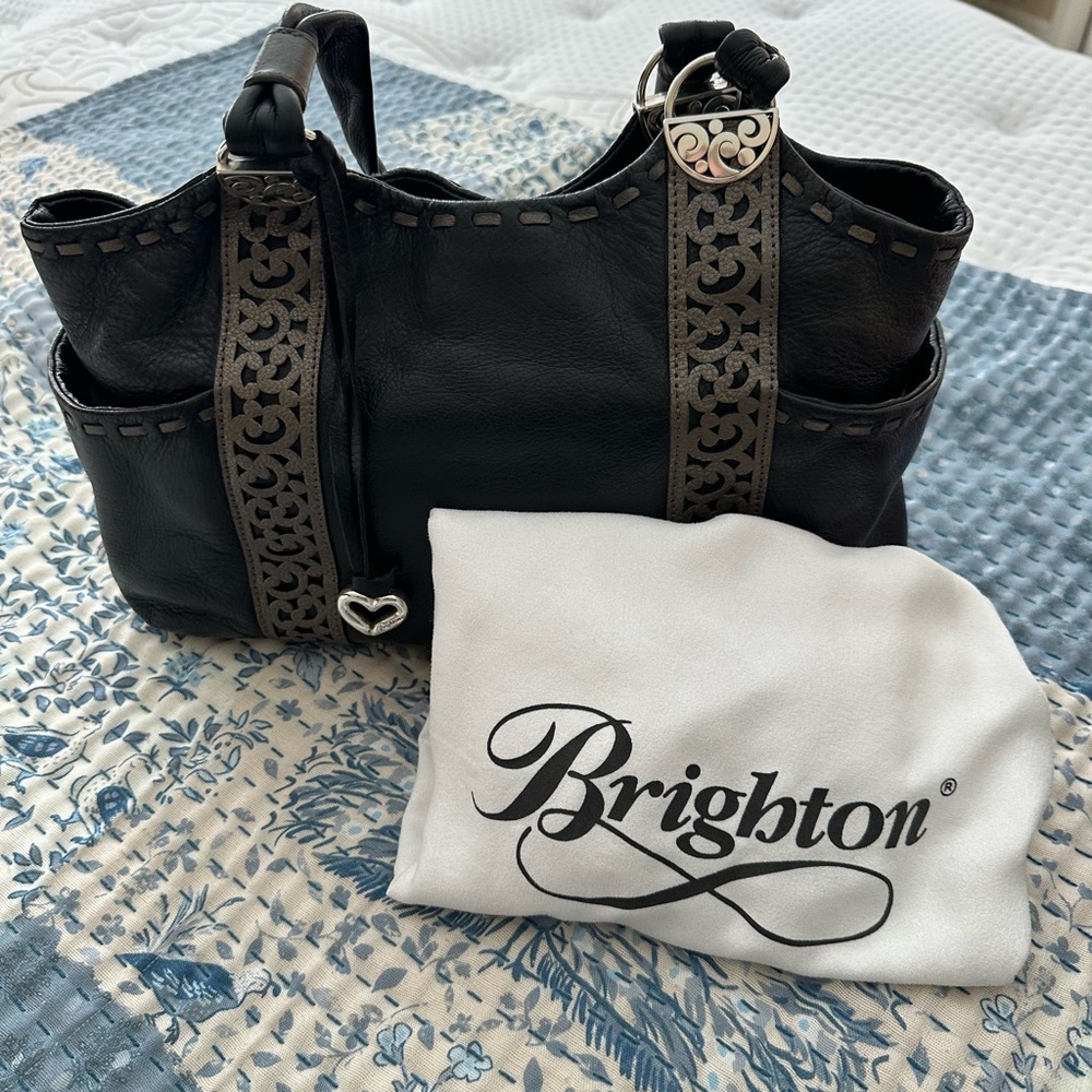 Brighton Black Leather Shoulder Bag with Silver Accents